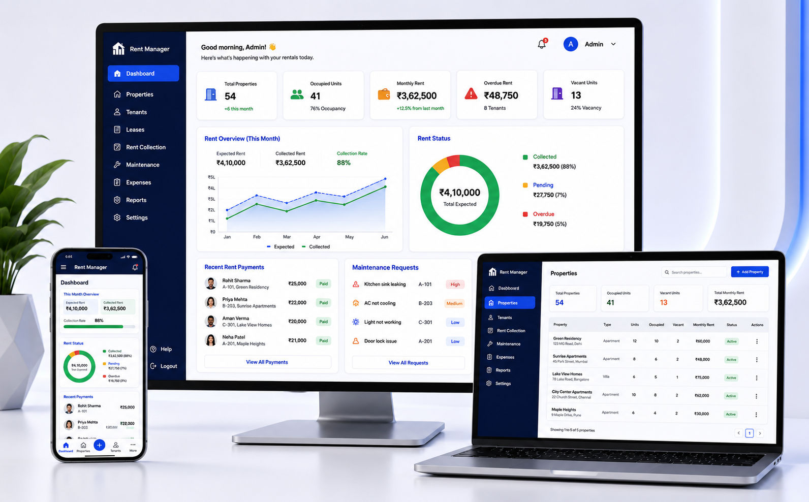 Rent management dashboard on desktop laptop and mobile screens